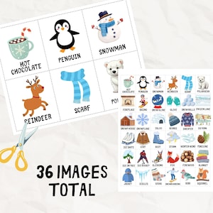 May include: Educational flashcards featuring winter-themed illustrations and vocabulary words. Includes images of a snowman, penguin, hot chocolate, and other winter-related items. The text "36 IMAGES TOTAL" is also visible.