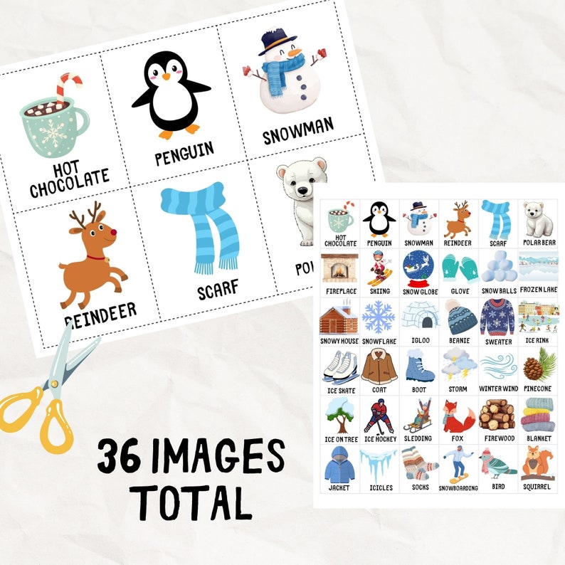 May include: Educational flashcards featuring winter-themed illustrations and vocabulary words. Includes images of a snowman, penguin, hot chocolate, and other winter-related items. The text "36 IMAGES TOTAL" is also visible.