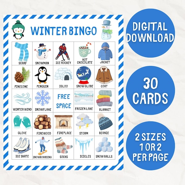 Winter Bingo, 30 Winter Bingo Cards, Winter Activity For Kids, Winter Classroom Game, Winter Classroom Activity, Printable Winter Bingo