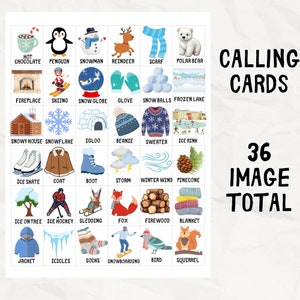 May include: A colorful winter-themed calling card set with 36 images. Illustrations include a penguin, snowman, snowflake, ice skates, and a cozy sweater. Text includes "Calling Cards" and "36 Image Total."