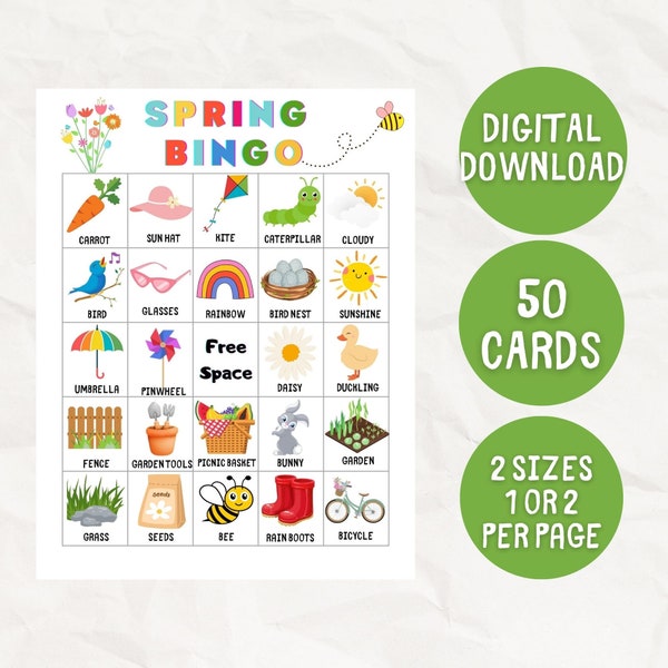 50 cartes de bingo de printemps, jeu de bingo de printemps à imprimer, activité de bingo-test de printemps en classe, jeu de fête de printemps pour enfants, planches de bingo de printemps
