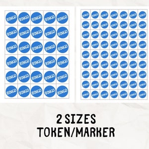 May include: Two sets of bingo tokens or markers. Each token has the word "BINGO" in white on a blue circle. The text "2 SIZES TOKEN/MARKER" is at the bottom of the image.