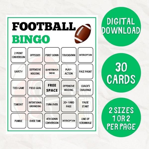 Football Bingo, 30 Football Bingo Cards, Football Activity, Kid's Printable Football Bingo Game, Football Party Game, Super Bowl Party Game