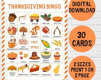 Thanksgiving Bingo, 30 Printable Thanksgiving Bingo Cards, Classroom Thanksgiving Activities, Thanksgiving Activity, Kids Thanksgiving Game