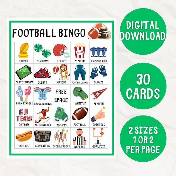 Football Bingo, 30 Football Bingo Cards, Football Activity, Kid's Printable Football Bingo Game, Football Party Game, Classroom Football
