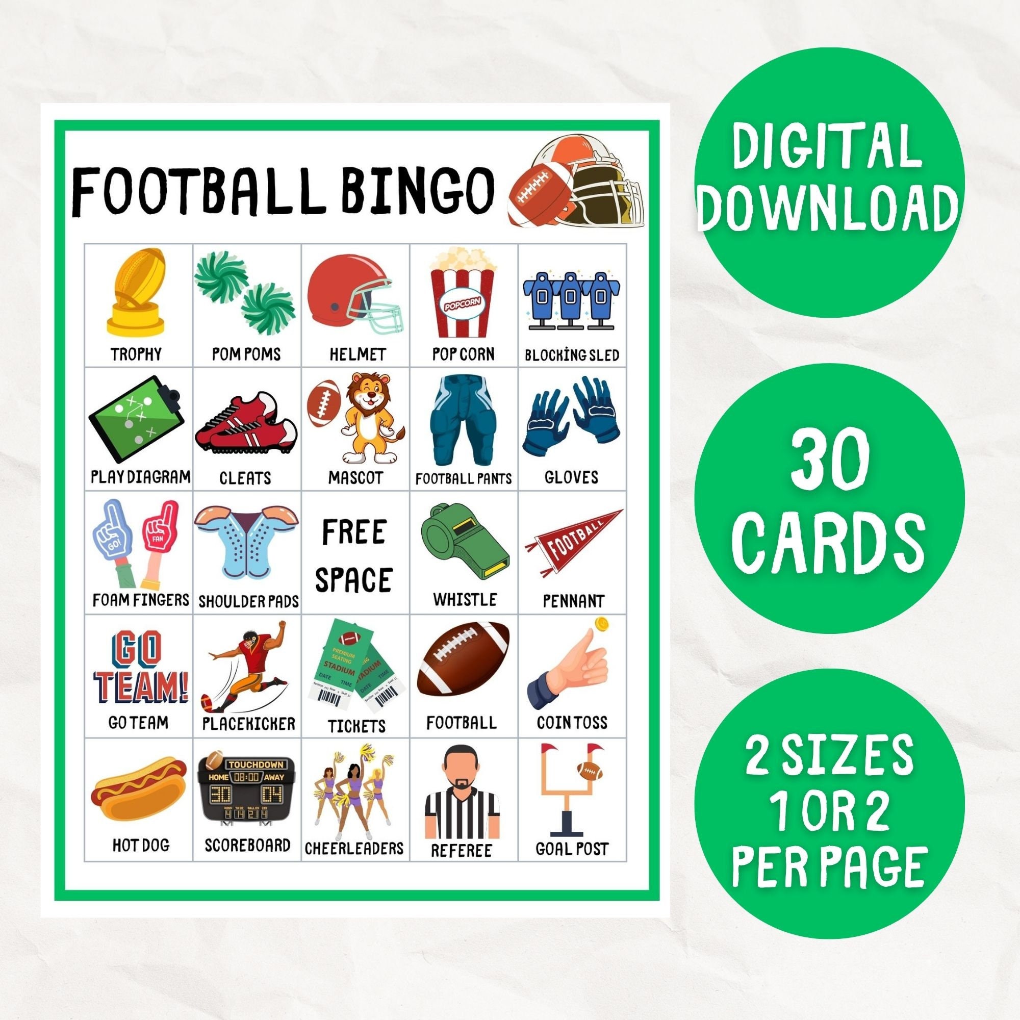 Football Bingo, 30 Football Bingo Cards, Football Activity, Kid's Printable Football Bingo Game, Football Party Game, Classroom Football
