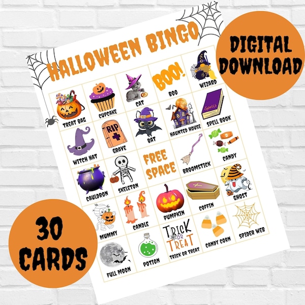 Halloween Bingo, Halloween Bingo Game, Halloween Activity For Kids, Halloween Party Game, 30 Halloween Bingo Cards, Halloween Activity