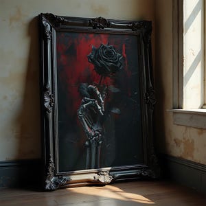 Mano de esqueleto con rosa negra imprimible: Póster digital de romance gótico oscuro