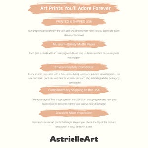 Product quality, paper details, and shipping information graphic for AstrielleArt fine art prints.
