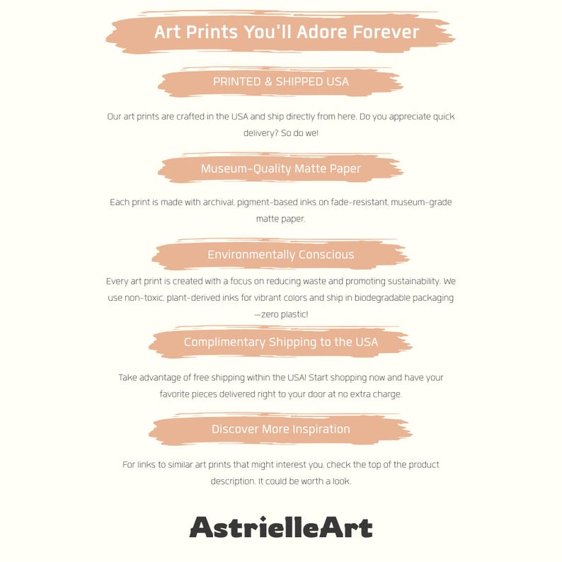 Product quality, paper details, and shipping information graphic for AstrielleArt fine art prints.