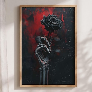 Gothic Skeleton Hand Wall Art: Dark Romance Rose Print for Moody Bedroom Decor