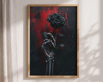 Arte mural gótico de mano de esqueleto: Estampado de rosa de romance oscuro para una decoración de dormitorio sombría.