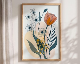 Botanische lijntekening: Abstracte bloemen muurdecoratie, perzik- en turquoisekleurige boho-stijl