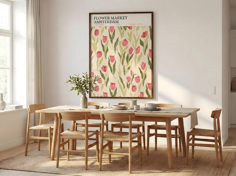 Spacious, bright dining room featuring a large framed Amsterdam flower market tulip print hanging on the far wall.