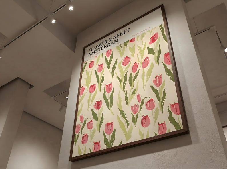 Dynamic low angle view looking up at a large retro Amsterdam flower market tulip poster hanging high on a gallery wall.