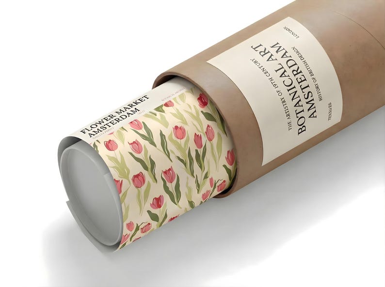 Rolled pastel floral design poster showing the Amsterdam pink tulip pattern inside a cardboard shipping tube.