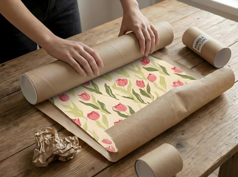 Hands carefully unrolling a large vintage-inspired Amsterdam flower market poster with pink tulips on a wooden table.