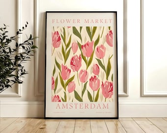 Amsterdam Flower Market Print : Pink Tulip Wall Art for Retro Danish Pastel Decor