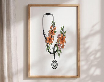 Floral Stethoscope Art Print: Nurse Graduation Gift, Doctor Office Decor