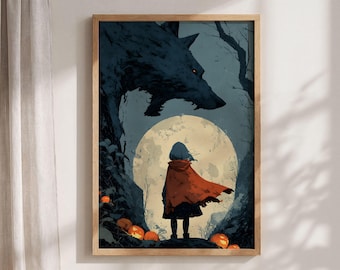 Decoración de pared gótica de Halloween: Lámina de Caperucita Roja de fantasía oscura