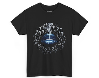 Camiseta con estampado de labios azules brillantes, camiseta con estampado de labios ahumados, camiseta con signo de interrogación, camiseta gráfica urbana, top unisex de moda.