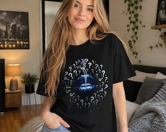 Blue Glitter Lips Graphic T-Shirt, Smoke Lips Tee, Question Mark Shirt, Streetwear Graphic Tee, Trendy Unisex Top