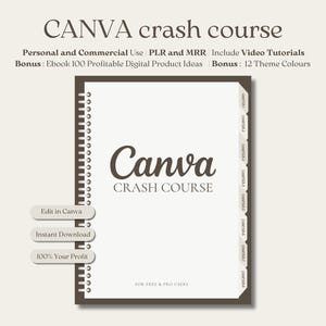 May include: A brown and white spiral bound notebook with the text "Canva Crash Course" on the cover. The notebook has tabs on the side with the word "Canva" repeated on each tab. The cover also includes the text "Personal and Commercial Use", "PLR and MRR", "Include Video Tutorials", "Bonus: Ebook 100 Profitable Digital Product Ideas", and "Bonus: 12 Theme Colours".