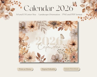 Kalender 2026 | Druckbarer Kalender | Ästhetischer Digital-Kalender | 2026 Kalender Planer | Blumenkalender 2026 | Printkalender 2026