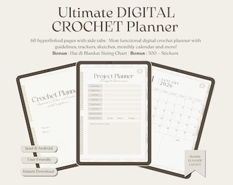 Planner digitale per l'uncinetto 2026 / Organizzatore di progetti, registro delle forniture e diario dei modelli per chi ama l'uncinetto / Download PDF