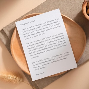 26 cartas de disculpa para una esposa. Plantillas de disculpas editables para una relación. Formato MS Word editable.