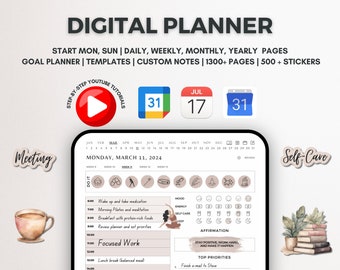 Digital ipad planner 2024 goodnotes, daily, weekly and monthly planner, hyperlinked. Goal and self-care journal, schedule calendar, dated.