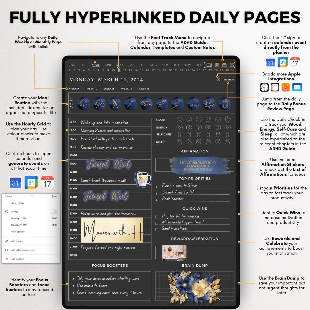 ADHD Digital Planner Journal iPad Goodnotes Notability 2025 Daily ...