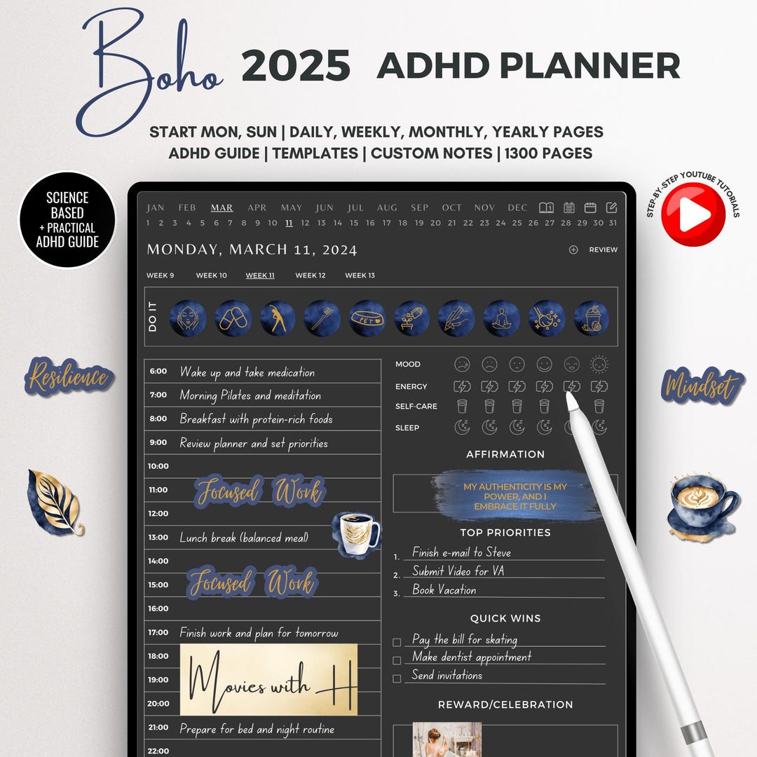 ADHD Digital Planner Journal iPad Goodnotes Notability 2025 Daily ...
