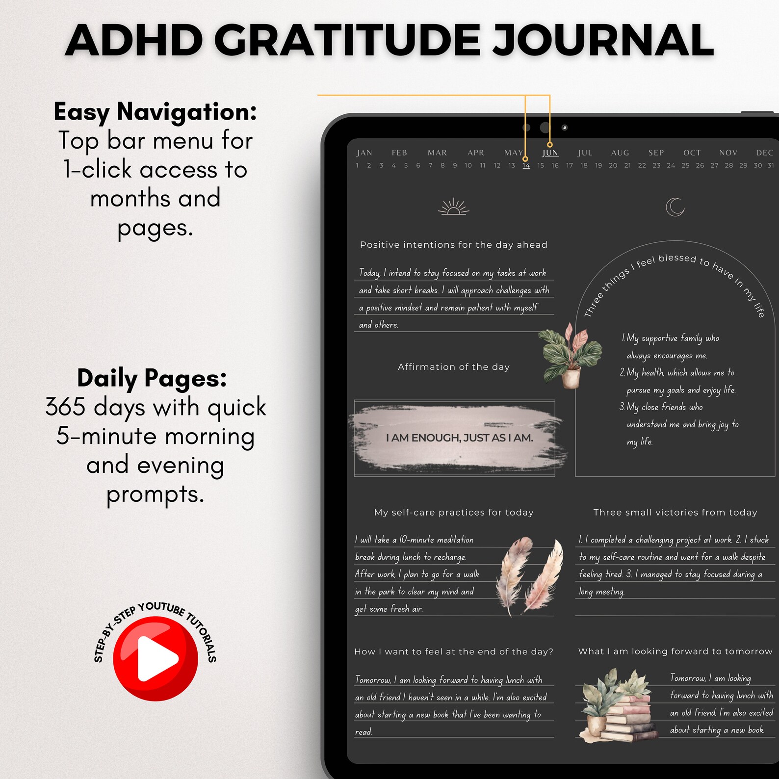 ADHD Journal Digital Gratitude Goodnotes Adult iPad Mindfulness Self-care Daily Monthly Yearly 5 ...