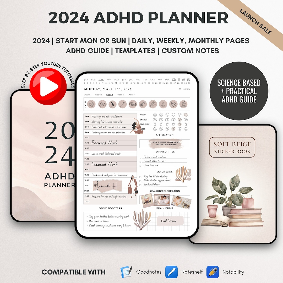 ADHD 2024 Digital Planner Goodnotes iPad Journal Notability Adult Adhd ...