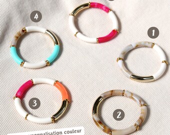 Bracelet jonc tendance - perles tubes en résine acrylique incurvées - Rondelles en acier inoxydable