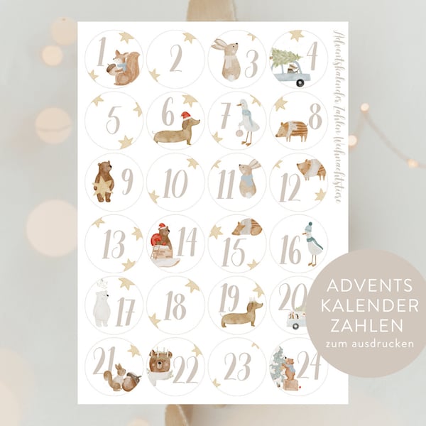 Adventskalender Zahlen Weihnachtstiere Digitaler Download | Adventskalender Kinder Zahlen Adventskalender Sticker Adventkalender HLPAK