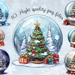 10 boules à neige en verre de Noël, presse-papiers avec de la neige et un petit sapin de Noël à l'intérieur, fichiers PNG à imprimer, autocollants, clipart,
