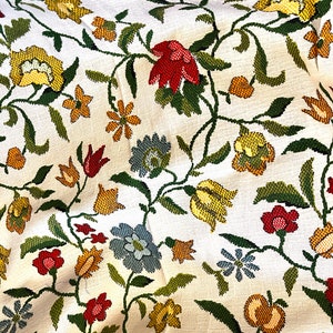 Op de afbeelding: Witte stof met een herhalend patroon van kleurrijke bloemen en bladeren. De bloemen zijn in tinten rood, geel, oranje, blauw en groen.