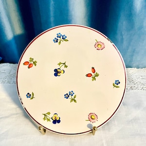May include: A white ceramic plate with a red rim and a floral design. The plate features small blue, yellow, and pink flowers, as well as red berries.