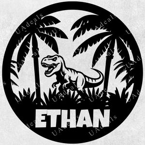 Custom T-Rex Dinosaur Name SVG | Jungle Scene Vector File | Personalized Dino SVG for Cricut & Silhouette Projects, Custom Dino Text PNG