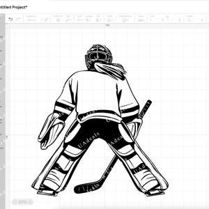 A black and white graphic of a female hockey goalie seen from behind, wearing a jersey and goalie pads, with a stick in hand. The design features clean lines and a simple, bold style, suitable for personalization.