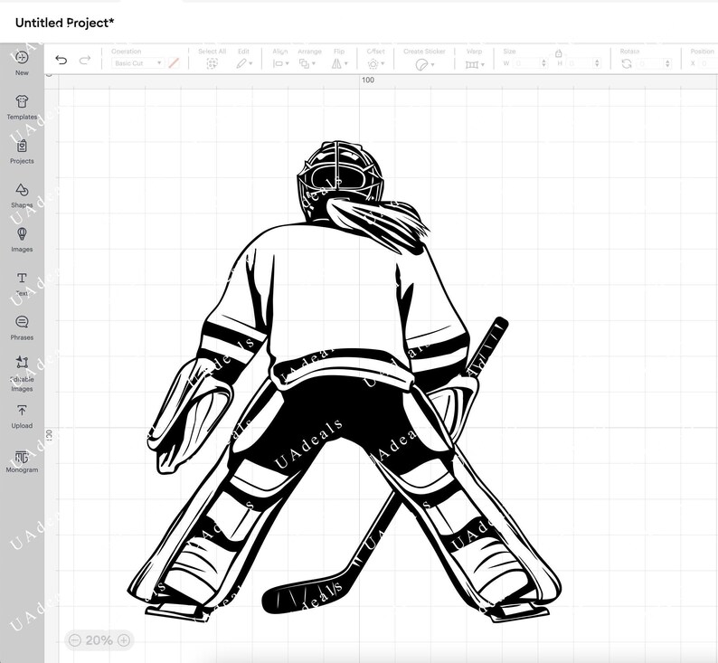 A black and white graphic of a female hockey goalie seen from behind, wearing a jersey and goalie pads, with a stick in hand. The design features clean lines and a simple, bold style, suitable for personalization.