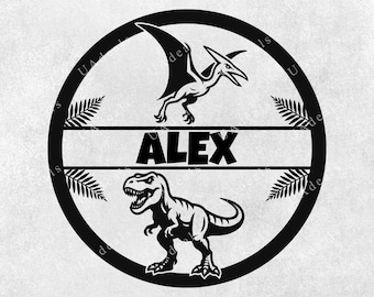 Anpassad dinosaurienamnskylt SVG | T-Rex Pterodactyl cirkeldesign | Jurassic födelsedagsklippfil | Barnrumsdekor | Cricut PNG DXF eps jpg