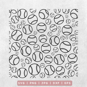 May include: Black and white seamless pattern of baseballs of different sizes. The pattern is on a light gray background.
