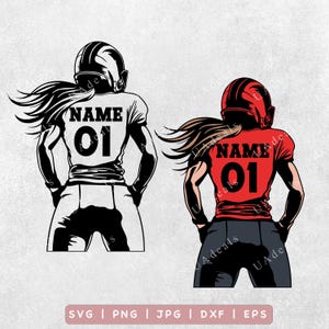 Jugadora de fútbol SVG / Silueta de jugadora PNG / Nombre, número y colores personalizados / Jugadora PNG, Jugadora de fútbol americano femenina en capas svg