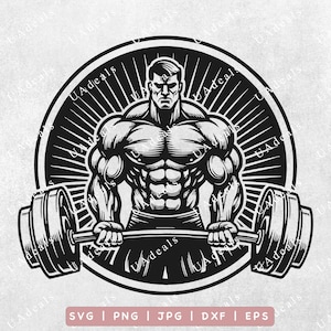以下が含まれることがあります： バーベルを持ち上げる筋肉質の人物の白黒イラスト。人物は、背後に太陽の光が差し込むジムの環境にいる。