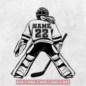 A black and white graphic of a female hockey goalie in a protective stance, wearing a jersey with the placeholder text 'NAME' and the number '22'. The design features detailed goalie pads and a hockey stick, set against a light gray background.