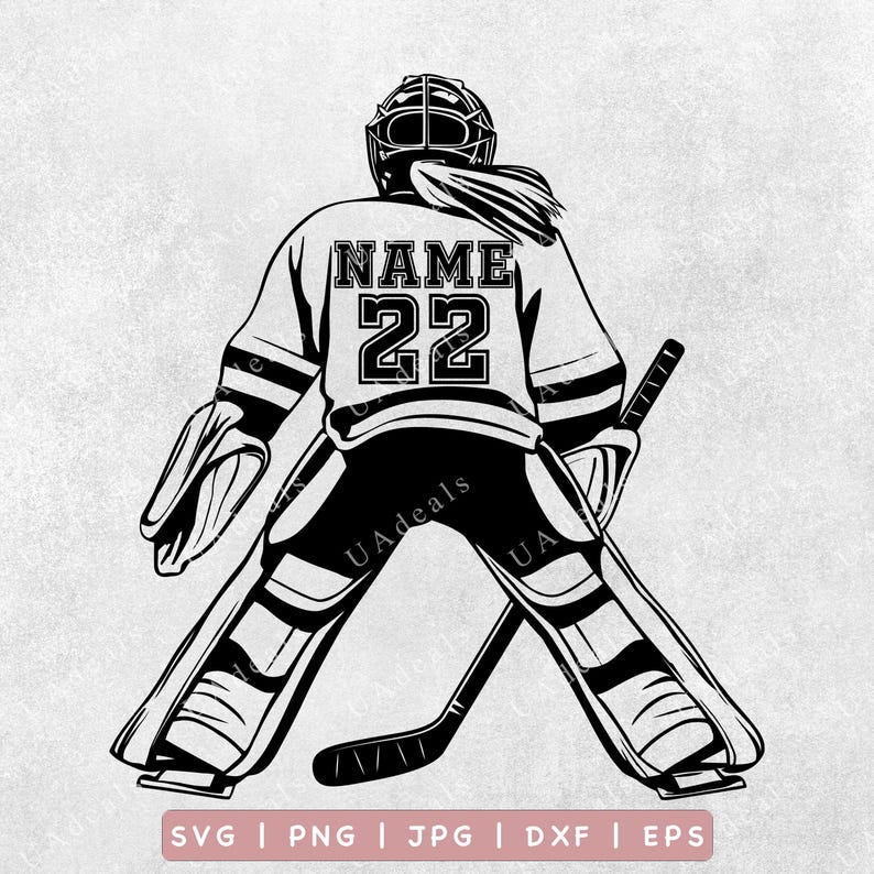A black and white graphic of a female hockey goalie in a protective stance, wearing a jersey with the placeholder text 'NAME' and the number '22'. The design features detailed goalie pads and a hockey stick, set against a light gray background.