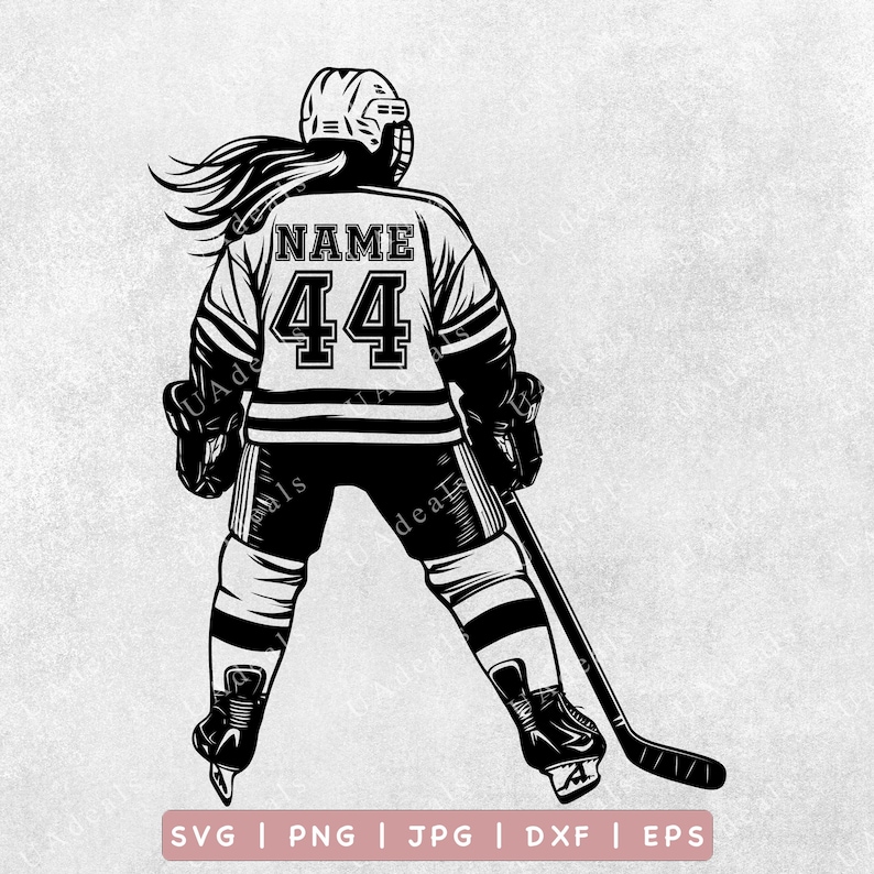 May include: Black and white illustration of a hockey player wearing a jersey with the name "NAME" and the number "44" on the back. The player is holding a hockey stick and is in a skating position.